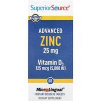 Superior Source, Išplėstinis cinkas, vitaminas D3, 60 MicroLingual® momentinio tirpinimo tablečių