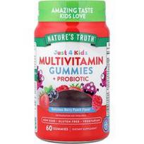 Nature's Truth, „Just 4 Kidz“, multivitaminų ir probiotikų guminukai, gardus uogų punšas, 60 guminukų