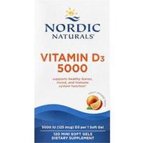 Nordic Naturals, Vitaminas D3 5000, apelsinas, 125 mcg (5 000 TV), 120 mini minkštų gelių