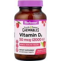 Bluebonnet Nutrition, „EarthSweet®“ kramtomosios tabletės, vitaminas D3, avietės, 50 mcg (2000 TV), 90 kramtomųjų tablečių