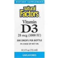 Natural Factors, Vitamino D3 lašai, be skonio, 25 mcg (1000 TV), 0,5 fl oz (15 ml)