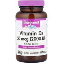 Bluebonnet Nutrition, Vitaminas D3, 50 mcg (2000 TV), 250 minkštųjų gelių