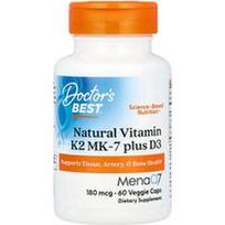 Doctor's Best, Natūralus vitaminas K2 MK-7 plus D3, 180 mcg, 60 daržovių dangtelių