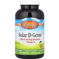 Carlson, Solar D Gems® , vitaminas D3 + omega-3, natūrali citrina, 360 minkštų gelių