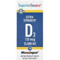 Superior Source, D3, ypač stiprus, 125 mcg (5 000 TV), 100 „MicroLingual®“ greitai tirpstančių tablečių