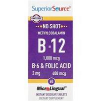 Superior Source, Metilkobalaminas B-12, B-6 ir folio rūgštis, 60 „MicroLingual®“ greitai tirpstančių tablečių