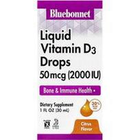 Bluebonnet Nutrition, Skystieji vitamino D3 lašai, citrusinių vaisių, 50 mcg (2000 TV), 30 ml (1 skysčio uncija)