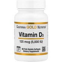 California Gold Nutrition, Vitaminas D3, 125 mcg (5,000 TV), 90 žuvies želatinos minkštųjų gelių