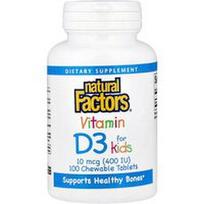 Natural Factors, Vitaminas D3 vaikams, braškių skonio, 10 mcg (400 TV), 100 kramtomųjų tablečių