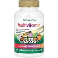 NaturesPlus, „Animal Parade® Gold“ – kramtomi multivitaminai vaikams, vyšnių, vynuogių ir apelsinų skonio, 120 gyvūnų formos tablečių