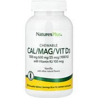 NaturesPlus, Kramtomasis Cal/Mag/Vit D3 su vitaminu K2, vanile, 60 kramtomųjų tablečių