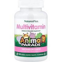 NaturesPlus, Animal Parade®, kramtomi multivitaminai vaikams, arbūzo skonio, 180 gyvūnų formos tablečių