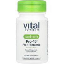 Vital Nutrients, Hiperbiotikai®, Pro-15®, Pre + probiotikai, 60 veganiškų mikroperlų
