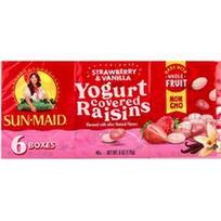 Sun-Maid, Jogurtu padengtos razinos, braškės ir vanilė, 6 dėžutės, po 1 unciją (28,3 g)