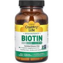 Country Life, Biotinas, didelės koncentracijos, 10 mg, 120 veganiškų kapsulių