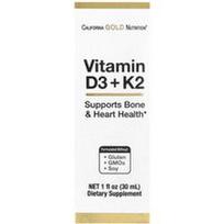 California Gold Nutrition, Vitaminas D3 + K2 (MK4 pavidalu), 25 mcg (1000 TV), 30 ml (1 skysčio uncija)