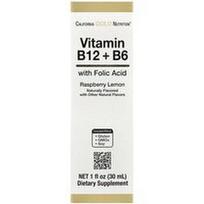 California Gold Nutrition, Vitaminas B12 (cianokobalamino pavidalu) su vitaminu B6 ir folio rūgštimi, aviečių ir citrinų skonio, 30 ml (1 skysčio uncija)