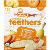 Happy Family Organics, „Happy Baby®“, ekologiški dantenų dygimo sausainėliai, saldžiųjų bulvių ir bananų skonio, 12 pakuočių po 4 g