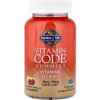 Garden of Life, „Vitamin Code®“ guminukai, vitaminai D3 ir K2, aviečių ir citrinų skonio, 45 guminukai