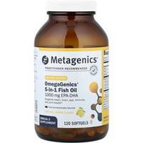 Metagenics, OmegaGenics®, 5 viename žuvų taukai, natūrali citrina, 120 minkštųjų kapsulių