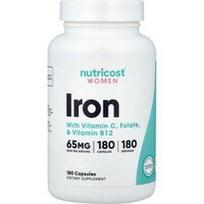 Nutricost, Moterims, geležis su vitaminu C, folatais ir vitaminu B12, 180 kapsulių