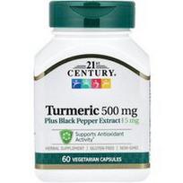 21st Century, Ciberžolė plius juodųjų pipirų ekstraktas, 500 mg, 60 vegetariškų kapsulių