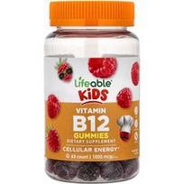 Lifeable, Vaikiški vitamino B12 guminukai, aviečių skonio, 60 guminukų (500 mcg viename guminuke)
