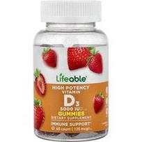 Lifeable, Didelės koncentracijos vitamino D3 guminukai, braškių skonio, 60 guminukų (62,5 mg (2500 TV) viename guminuke)