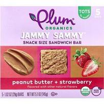 Plum Organics, „Jammy Sammy®“, užkandžio dydžio sumuštinių batonėlis, 15+ mėnesių, su žemės riešutų sviestu ir braškėmis, 5 batonėliai po 29 g