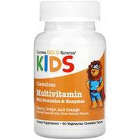 California Gold Nutrition, Kramtomieji multivitaminai su probiotikais, fermentais, vitaminu A ir vitaminu C vaikams, vaisių asortimentas, 60 vegetariškų tablečių