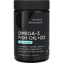 Sports Research, Omega-3 žuvų taukai + D3, trigubo stiprumo, 1 040 mg ir 62,5 mcg (2 500 TV), 120 minkštųjų gelių