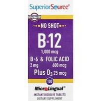 Superior Source, B-12, B-6 ir folio rūgštis, plius D3, 100 „MicroLingual®“ greitai tirpstančių tablečių