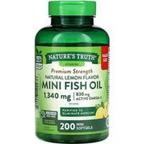 Nature's Truth, Mini žuvų taukai, aukščiausios kokybės stiprumas, natūrali citrina, 200 mini minkštųjų gelių (670 mg vienam minkštam geliui)