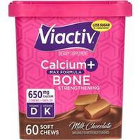 Viactiv, Kalcis + kaulų stiprinimas, „Max Formula“, pieniško šokolado skonio, 60 minkštų kramtomųjų tablečių