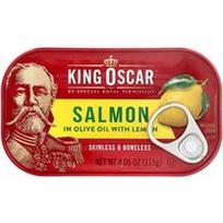 King Oscar, Lašiša be odos ir kaulų alyvuogių aliejuje su citrina, 115 g