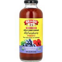 Bragg, Organinis obuolių sidro acto gaiviklis, prebiotikas, „Concord“ vynuogės ir hibiskas, 473 ml