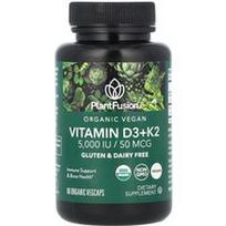PlantFusion, Ekologiškas veganiškas vitaminas D3+K2, 5 000 IU / 50 mcg, 60 ekologiškų augalinių kapsulių