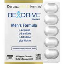 California Gold Nutrition, „Rexdrive® Amino“ su L-arginino HCl, L-citrulinu, acetil-L-karnitino arginato dihidrochloridu ir glicino propionil-L-karnitino HCl, vyrams skirta formulė, 60 vegetariškų kapsulių