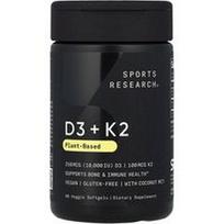 Sports Research, D3 + K2, augalinės kilmės, 250 mcg/100 mcg, 60 vegetariškų minkštųjų kapsulių