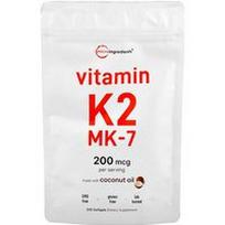 Micro Ingredients, Vitaminas K2, MK-7, 200 mcg, 300 minkštųjų kapsulių