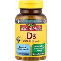 Nature Made, Vitaminas D3, 50 mcg (2000 TV), 250 minkštųjų gelių