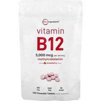 Micro Ingredients, Vitamino B12 metilkobalaminas, braškių skonio, 240 kramtomųjų tablečių (2500 mcg vienoje tabletėje)
