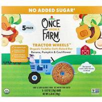 Once Upon A Farm, „Tractor Wheels™“, ekologiški minkštai kepti batonėliai mažyliams su bananais, moliūgais ir žiediniais kopūstais, 5 vnt. pakuotė, po 19 g (0,67 uncijos)