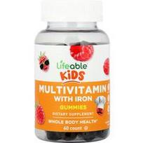 Lifeable, Vaikams, multivitaminai su geležimi, aviečių skonio guminukai, 60 guminukų