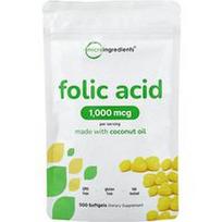 Micro Ingredients, Folio rūgštis, 1000 mcg, 500 minkštųjų kapsulių