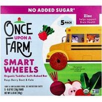 Once Upon A Farm, „Smart Wheels“, ekologiški minkštai kepti batonėliai mažyliams, aviečių, uogų, burokėlių ir lapinių kopūstų, 5 batonėliai po 19 g (0,67 uncijos)