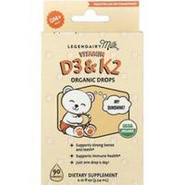 Legendairy Milk, Organiniai vitamino D3 ir K2 lašai, nuo 0 mėnesių, 3,24 ml (0,1 fl oz)