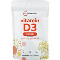 Micro Ingredients, Vitaminas D3, 5000 TV, 500 minkštųjų gelių