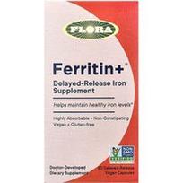 Flora, Ferritin +®, 60 pailginto atpalaidavimo veganiškų kapsulių (20 mg vienoje kapsulėje)