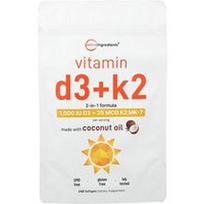 Micro Ingredients, Vitaminas D3 + K2, 240 minkštųjų kapsulių